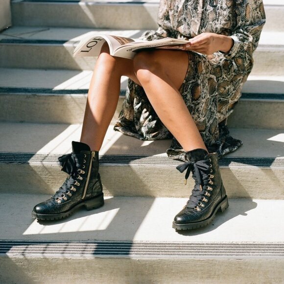 The Office of Angela Scott Mr. Bernard Black Croc Lace Up Combat Boot Size 39 - Picture 14 of 15